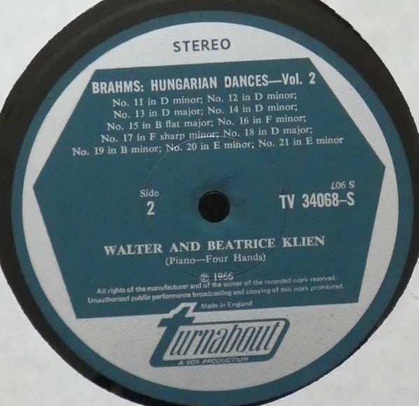 Beatriz Klien, Walter Klien : Brahms Hungarian Dances For Piano Four-hands (LP)