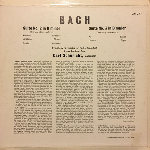Johann Sebastian Bach, Radio-Sinfonie-Orchester Frankfurt, Carl Schuricht, Klaus Pohlers : Suites For Orchestra, No. 2 In B-Minor With Solo Flute. No. 3 In D-Major (LP, Mono)