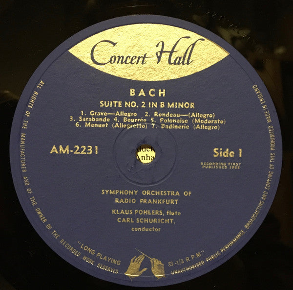 Johann Sebastian Bach, Radio-Sinfonie-Orchester Frankfurt, Carl Schuricht, Klaus Pohlers : Suites For Orchestra, No. 2 In B-Minor With Solo Flute. No. 3 In D-Major (LP, Mono)