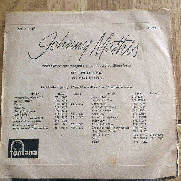 Johnny Mathis : My Love For You / Oh That Feeling  (7")