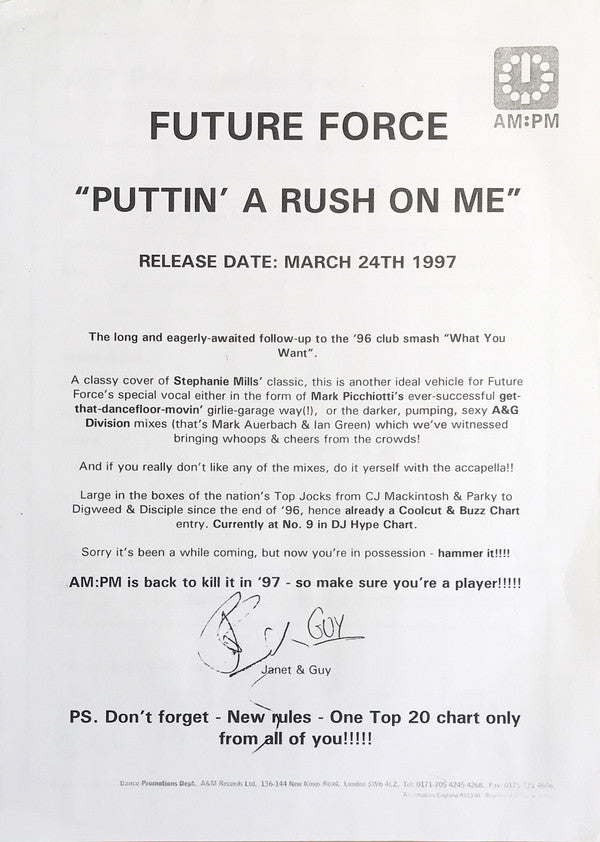 Future Force : Puttin' A Rush On Me (12", Promo)