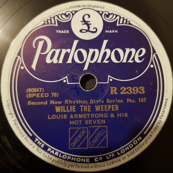 Louis Armstrong & His Hot Seven : Willie The Weeper / Weary Blues (Shellac, 10", RP)
