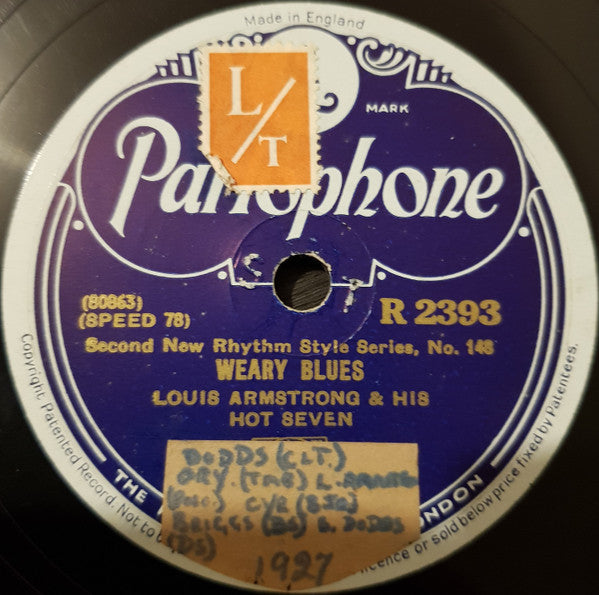 Louis Armstrong & His Hot Seven : Willie The Weeper / Weary Blues (Shellac, 10", RP)
