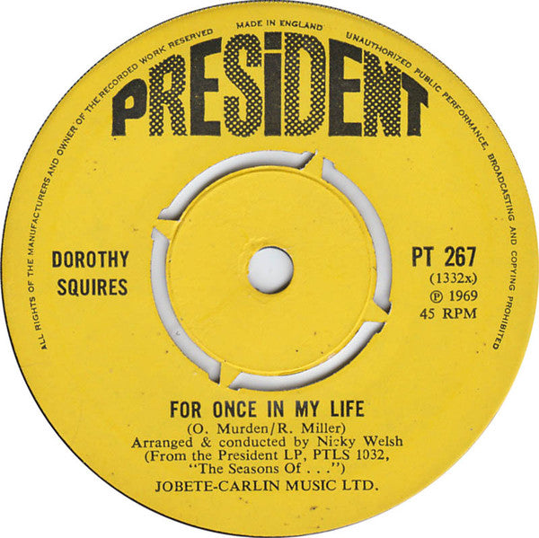 Dorothy Squires : For Once In My Life (7", Single, Pus)