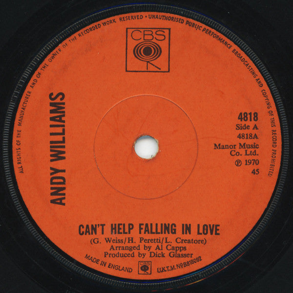 Andy Williams : Can't Help Falling In Love (7", Single, Sol)