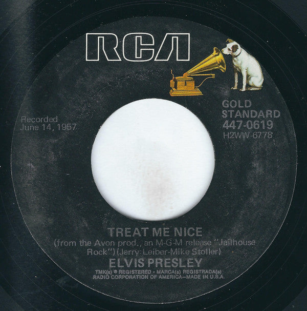 Elvis Presley : Jailhouse Rock / Treat Me Nice (7", Single, RE, Styrene, Ind)