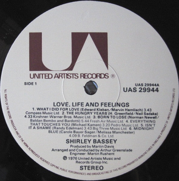 Shirley Bassey : Love, Life And Feelings (LP, Album)