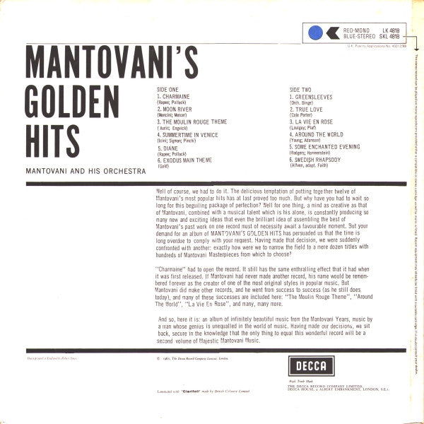 Mantovani And His Orchestra : Mantovani's Golden Hits (LP, Comp, RP)