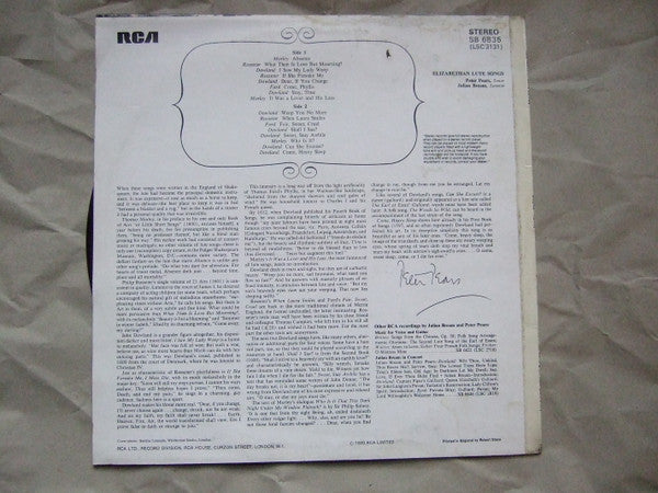 Julian Bream / Peter Pears - John Dowland • Thomas Ford • Thomas Morley • Philip Rosseter : Elizabethan Lute Songs (LP, Album)
