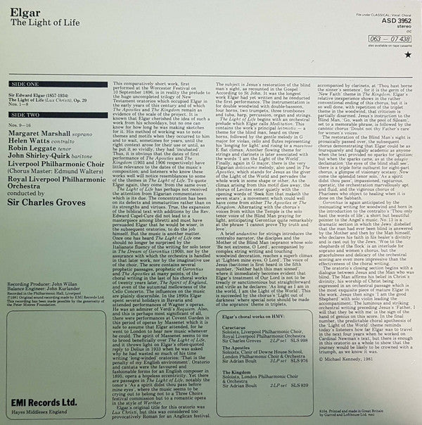 Sir Edward Elgar - Margaret Marshall, Helen Watts, Robin Leggate, John Shirley-Quirk, Royal Liverpool Philharmonic Choir, Royal Liverpool Philharmonic Orchestra, Sir Charles Groves : The Light Of Life, Op. 29 (LP, RE)
