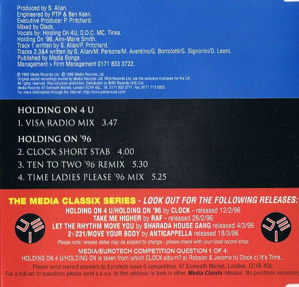 Clock : Holding On 4 U / Holding On '96 (CD, Single)