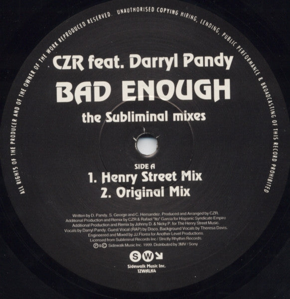 CZR Feat. Darryl Pandy : Bad Enough - The Subliminal Mixes (12")