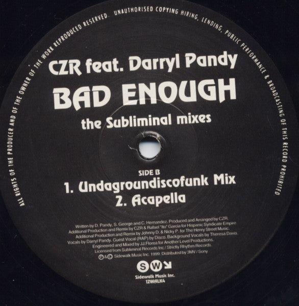 CZR Feat. Darryl Pandy : Bad Enough - The Subliminal Mixes (12")