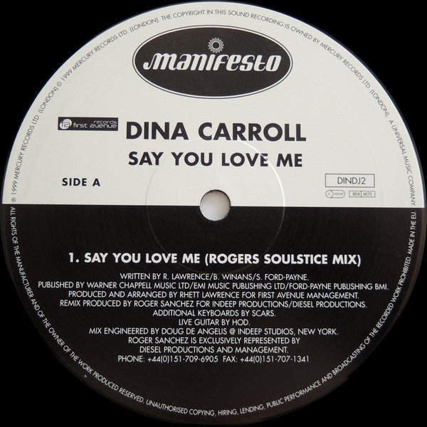 Dina Carroll : Say You Love Me (12", Promo)