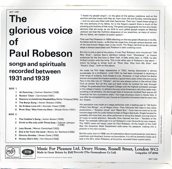 Paul Robeson : The Glorious Voice Of Paul Robeson (LP, Album, Mono)