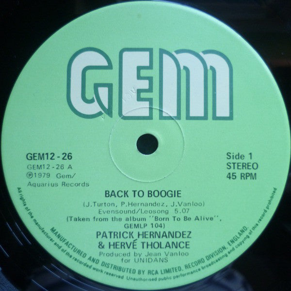Patrick Hernandez & Hervé Tholance : Back To Boogie (12")