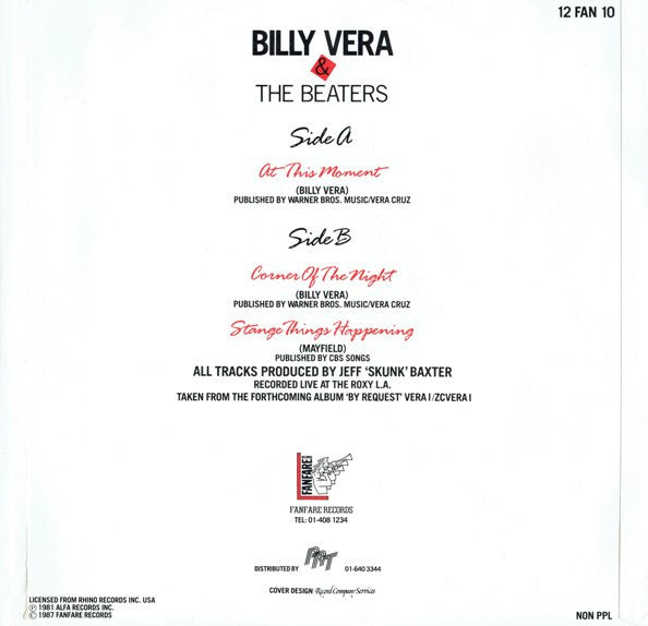 Billy Vera & The Beaters : At This Moment (12")