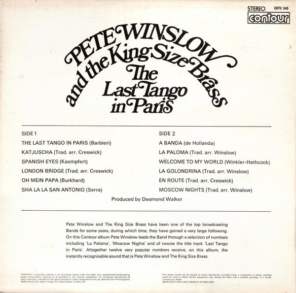 Pete Winslow And The King Size Brass : The Last Tango In Paris (LP)