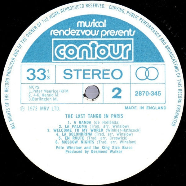 Pete Winslow And The King Size Brass : The Last Tango In Paris (LP)