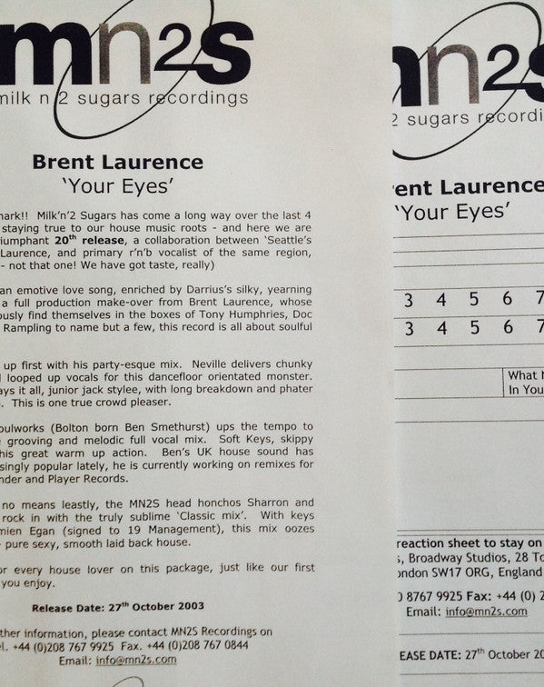 Brent Laurence : Your Eyes (12", W/Lbl)