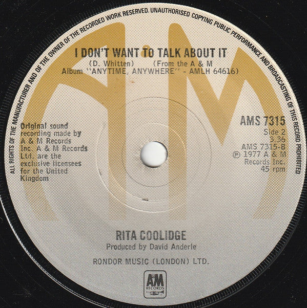 Rita Coolidge : (Your Love Has Lifted Me) Higher And Higher / I Don't Want To Talk About It (7", Single)