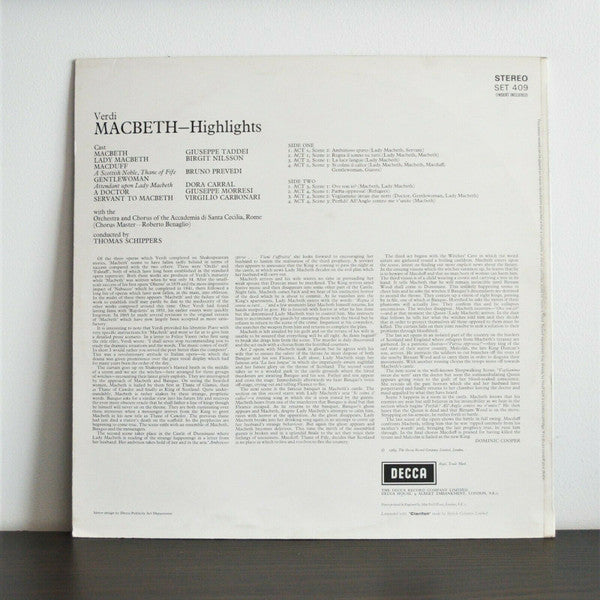 Giuseppe Verdi, Birgit Nilsson, Giuseppe Taddei, Bruno Prevedi, Dora Carral, Giuseppe Morresi, Virgilio Carbonari, Thomas Schippers, Chorus of the Accademia di Santa Cecilia, Rome*, Orchestra of the Accademia di Santa Cecilia, Rome* : Macbeth - Highlights (LP)