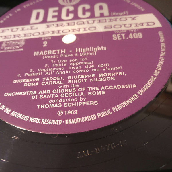 Giuseppe Verdi, Birgit Nilsson, Giuseppe Taddei, Bruno Prevedi, Dora Carral, Giuseppe Morresi, Virgilio Carbonari, Thomas Schippers, Chorus of the Accademia di Santa Cecilia, Rome*, Orchestra of the Accademia di Santa Cecilia, Rome* : Macbeth - Highlights (LP)