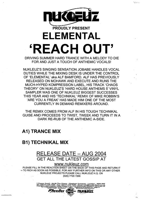 Elemental (3) : Reach Out (12", Promo)