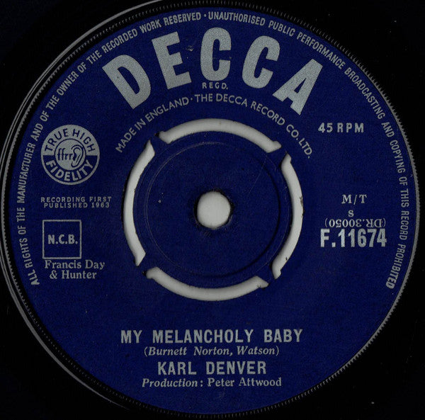 Karl Denver : Indian Love Call / My Melancholy Baby (7", Single)