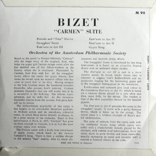 Georges Bizet - Amsterdam Philharmonic Society Orchestra, Walter Goehr : Carmen Suite (7")