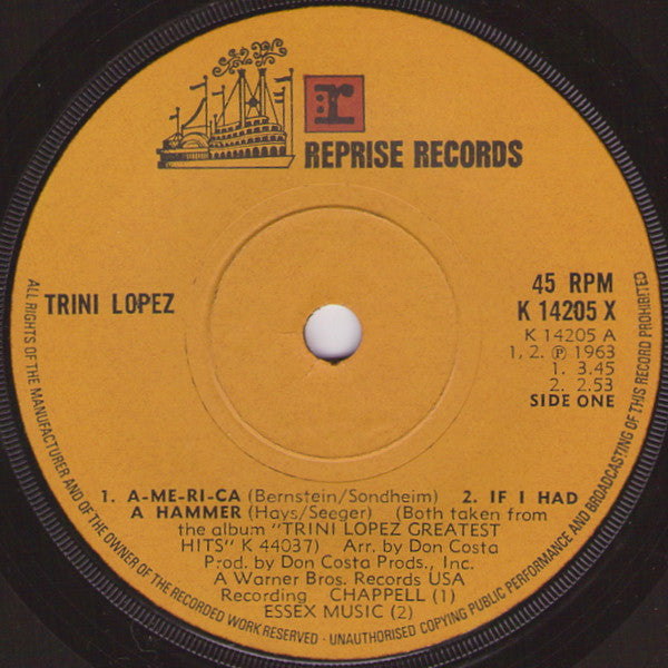 Trini Lopez : A-me-ri-ca / If I Had A Hammer / Sinner Man / La Bamba (7")