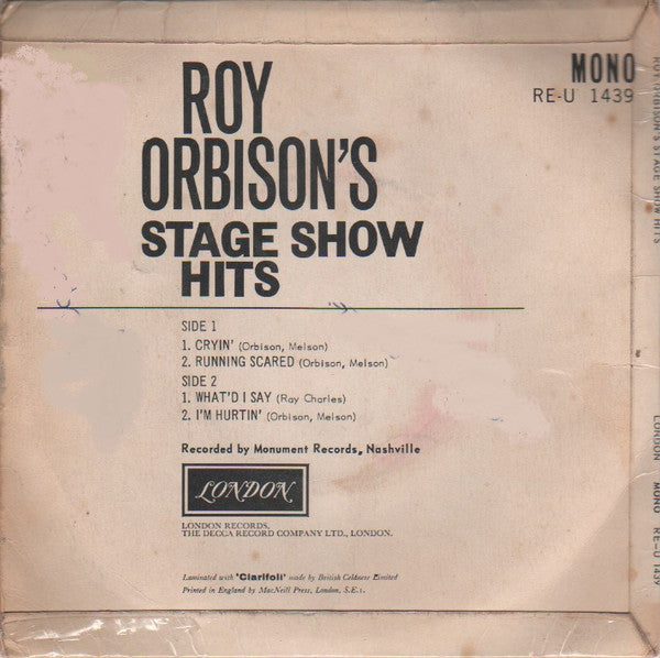 Roy Orbison : Stage Show Hits (7", EP, Mono)