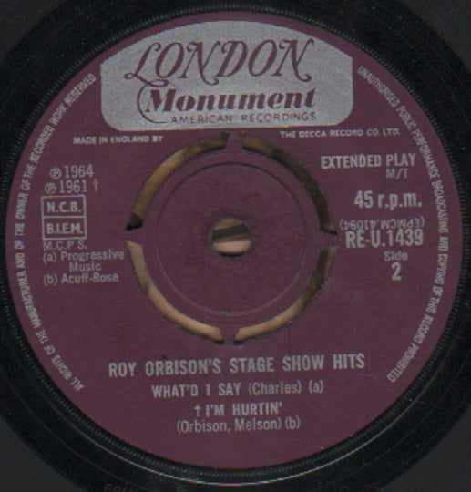 Roy Orbison : Stage Show Hits (7", EP, Mono)