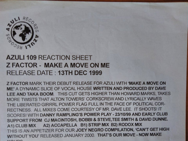 Z Factor : Make A Move On Me (12", Promo, TP)