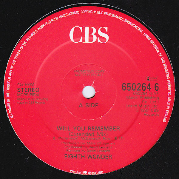 Eighth Wonder : Will You Remember (12", S/Sided, Promo)