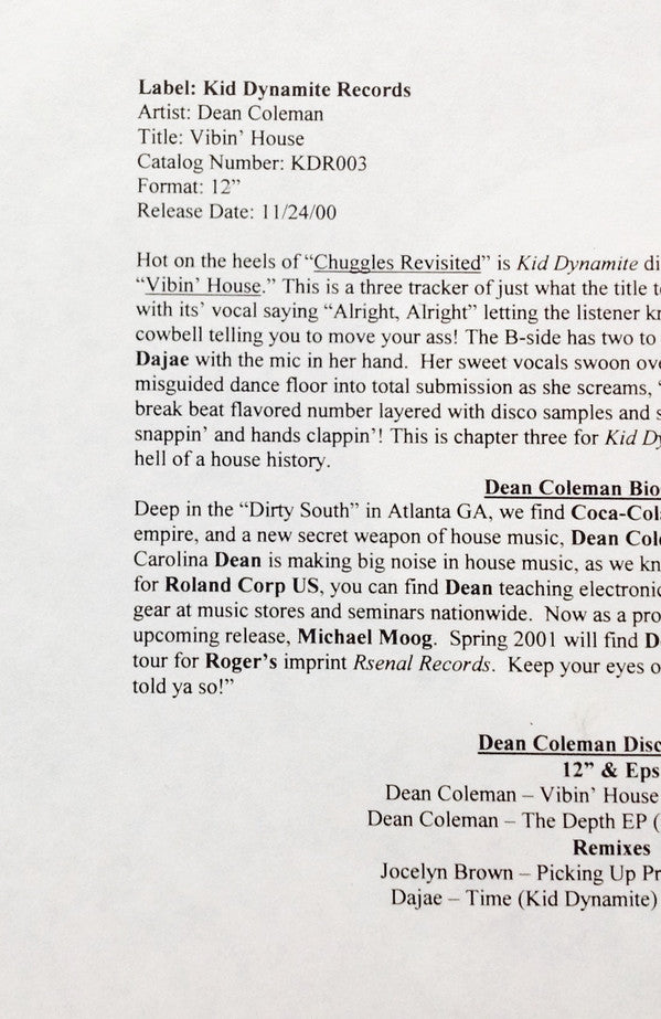 Dean Coleman : The Vibin' House EP (12", W/Lbl, Sti)