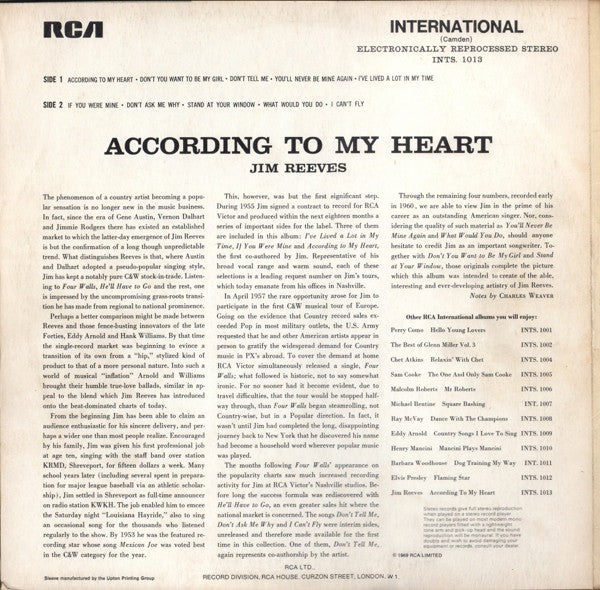 Jim Reeves : According To My Heart (LP, Album, RE)