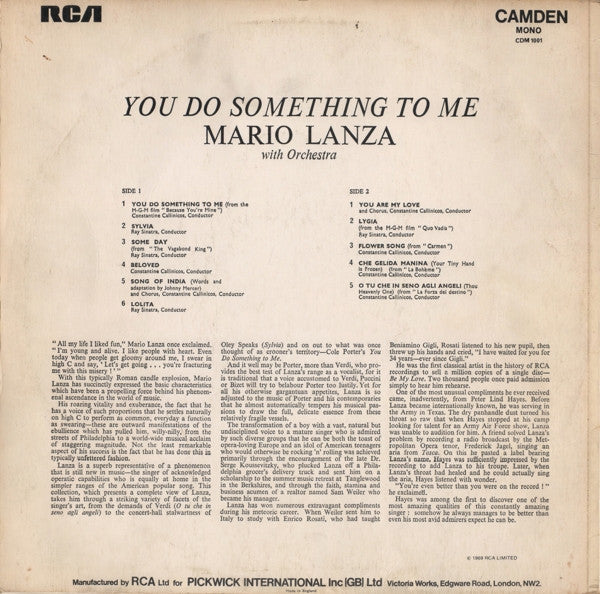 Mario Lanza : You Do Something To Me (LP, Album, Mono, RE)