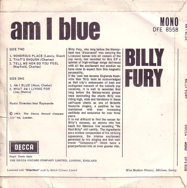 Billy Fury : Am I Blue (7", EP, Mono)