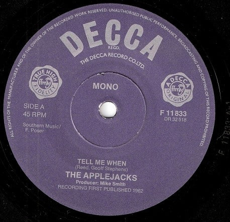 The Applejacks : Tell Me When (7", Single, Mono, RE)