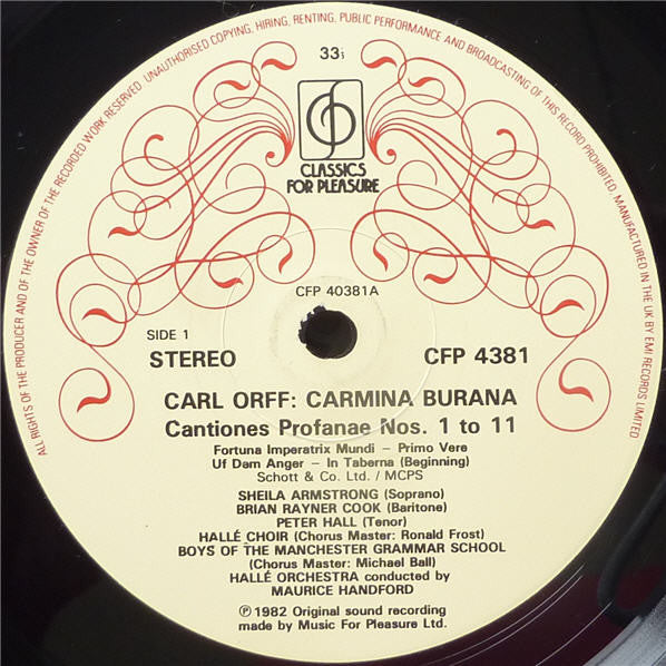 Carl Orff - Sheila Armstrong / Brian Rayner Cook / Peter Hall (8) / Hallé Choir / Boys Of Manchester Grammar School / Hallé Orchestra - Maurice Handford : Carmina Burana (LP)