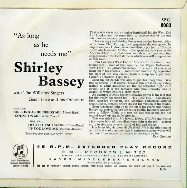 Shirley Bassey With The Williams Singers And Geoff Love & His Orchestra : As Long As He Needs Me (7", EP, Mono, Gre)