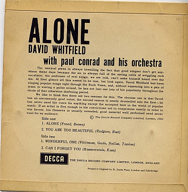 David Whitfield With Paul Conrad And His Orchestra : Alone (7", EP, Mono)