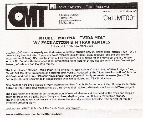 Malena : Vida Mia (12", W/Lbl)
