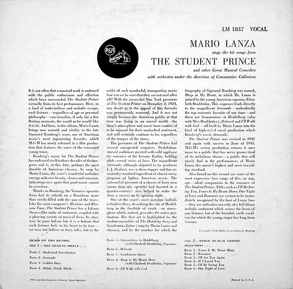 Mario Lanza : Sings The Hit Songs From The Student Prince And Other Great Musical Comedies (LP, Album, Mono, Ind)
