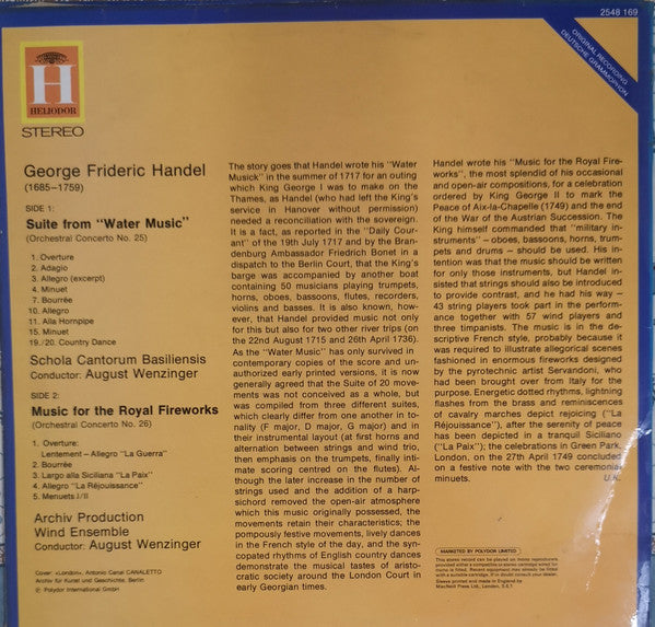 Georg Friedrich Händel – August Wenzinger : Water Music • Royal Fireworks (LP, Comp)