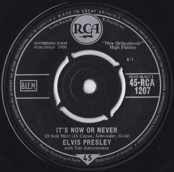 Elvis Presley With The Jordanaires : It's Now Or Never (O Sole Mio) (7", Single)