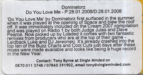 Dominatorz : Do You Love Me (CD, Single, Promo)