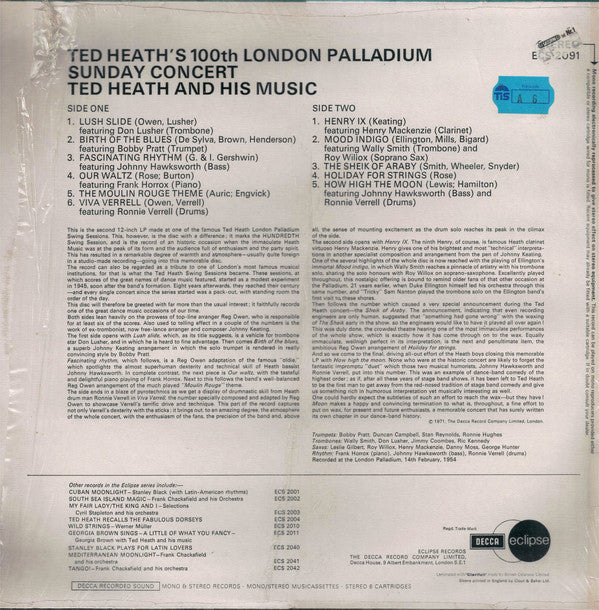 Ted Heath And His Music : Ted Heath's 100th London Palladium Sunday Concert (LP, Album, RE)