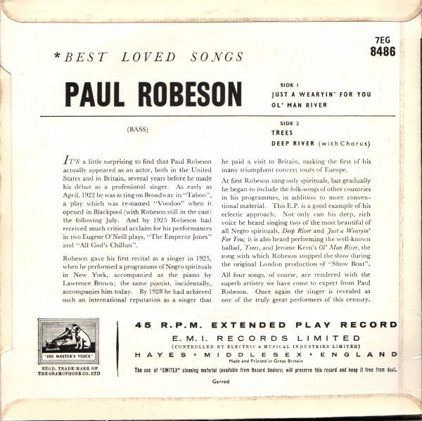 Paul Robeson : Best Loved Songs (7", EP, RP, Sol)